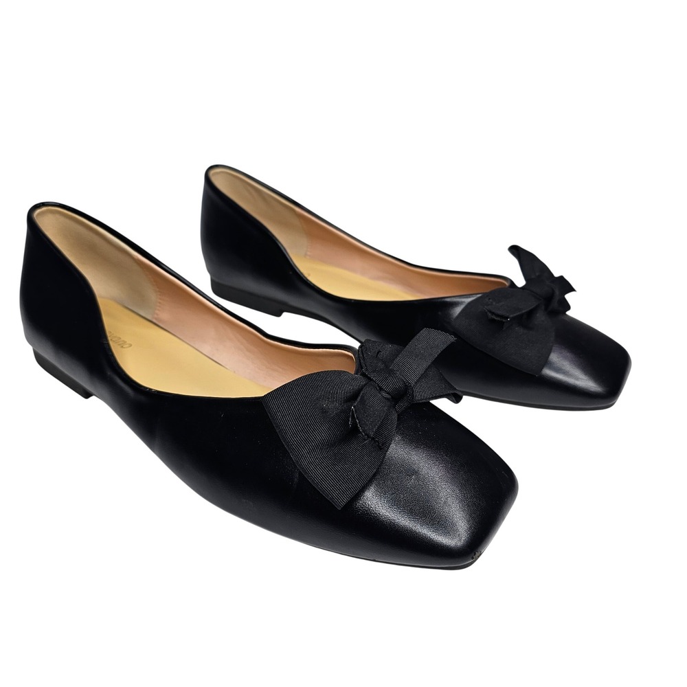 C.Paravano Womens 40.5 Black Square Toe Bow Ballet Flats Classic Dressy Shoes